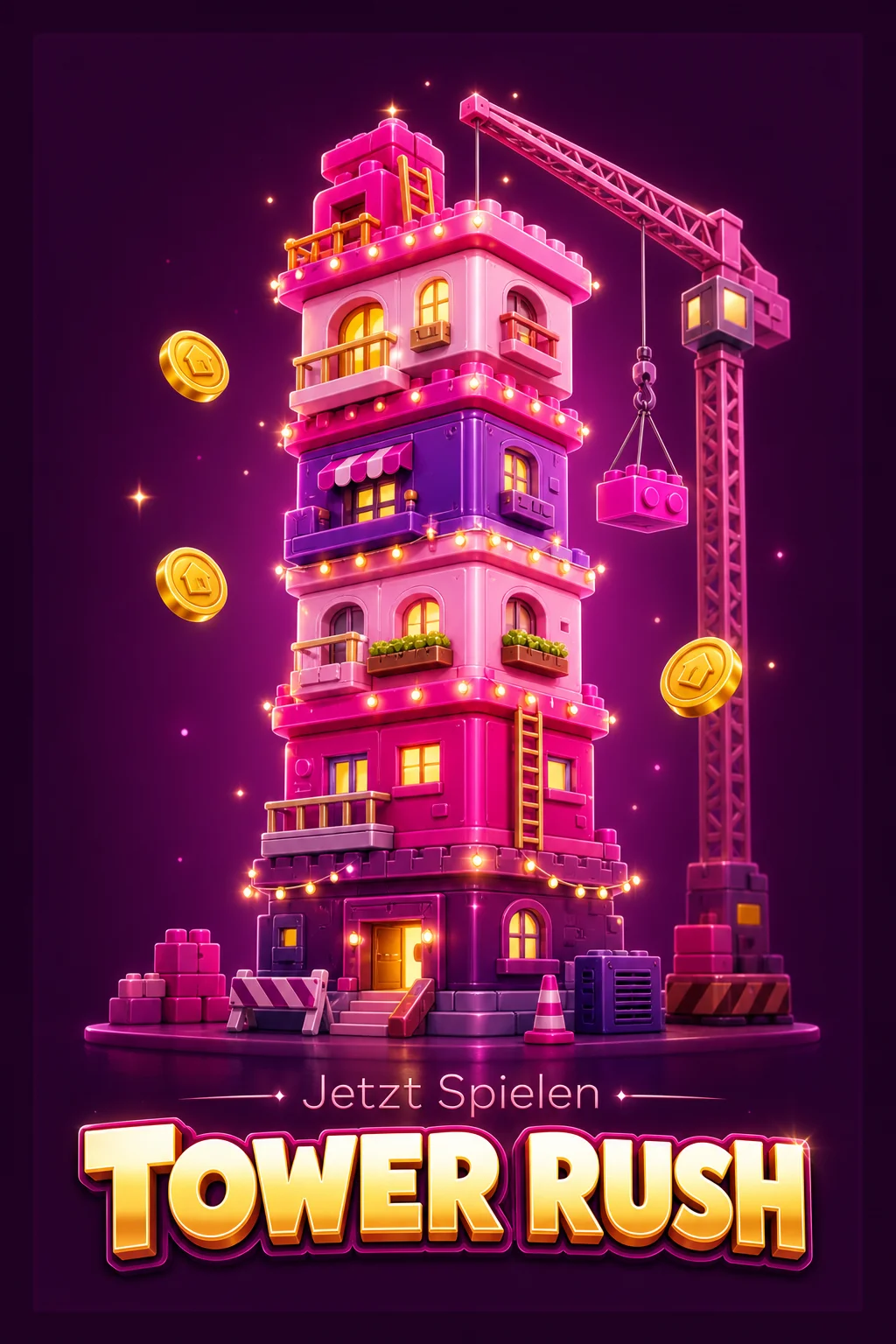 Tower Rush Spiel - Turm wächst Etage für Etage mit steigendem Multiplikator